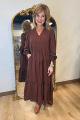 Umgee Tiered Midi Dress Brown