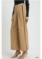 Umgee Wide Leg Trouser w Leopard Trim Latte