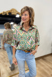 Geo Print Button Up Shirt Green