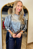 Shine All Night Button Front Top Silver