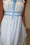 Floral Bow Pattern Midi Dress Blue