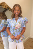 Umgee Puff Sleeve Floral Periwinkle Blouse