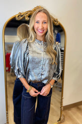 Shine All Night Button Front Top Silver