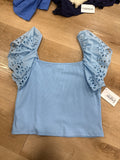 Eyelet Sleeves Ribbed Top Blue