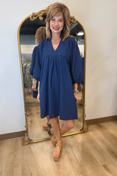 Umgee Textured High Neck Dress Navy