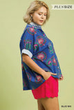 Umgee Ric Rac Trimmed Printed Blouse Blue
