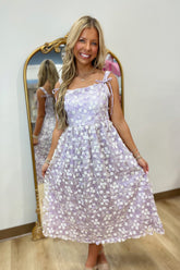 Delicate Ribbon Floral Midi Dress Lavender
