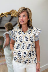 Flutter Floral Embroidered Blouse Navy