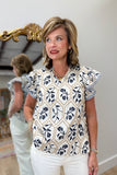 Flutter Floral Embroidered Blouse Navy
