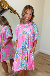 Umgee Pleated Round Neck Bubble Sleeve Dress Peony