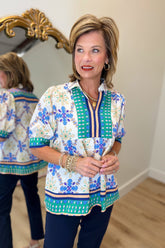 Umgee Placket Bodice Blouse Blue Mix