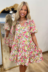 Floral Dream Puff Sleeve Dress Pink-Green