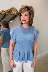 Umgee Smocked Blouse Steel Blue