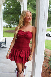 Blitz Eyelet Ruffle Hem Strapless Dress Maroon