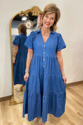 APNY long tiered dress with puff sleeve -indigo