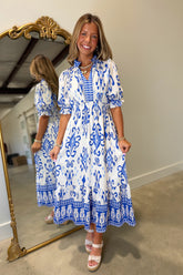 Umgee Print Short Sleeve Dress Blue