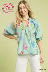Umgee Floral Split Neck Top Seafoam