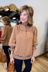 Umgee Textured Leopard Trim Blouse Mocha