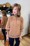 Umgee Textured Leopard Trim Blouse Mocha