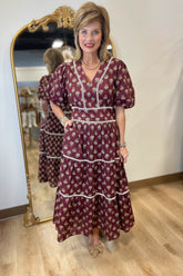 THML Tiered Print Dress Maroon