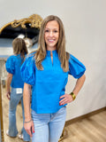 Spring Forward Ruffle Neck Top Blue