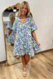 Floral Dream Puff Sleeve Dress Purple-Blue