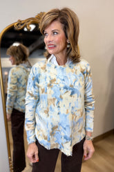 Charlie B Reversible Printed Plushy Crew-Neck Sweater With Ripped Edge Blue