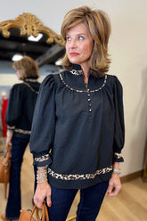 Umgee Textured Leopard Trim Blouse Black