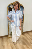 Umgee High Ruffle Neck Stripe Top Blue