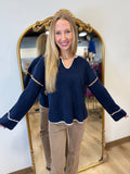 Charlie B Notched Soutache Sweater Navy