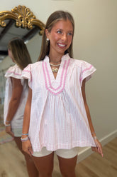 Umgee Flutter Sleeve Striped Top Pink