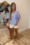 THML Gingham Floral Puff Sleeve Top Blue