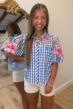 THML Gingham Floral Puff Sleeve Top Blue