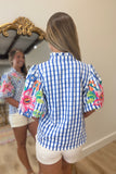 THML Gingham Floral Puff Sleeve Top Blue