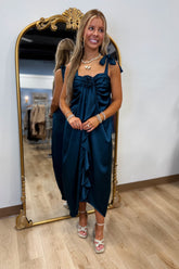 Cascading Ruffle Rose Dress Teal