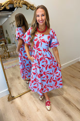 Oxford Outing Puff Sleeve Midi Dress Blue
