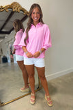 Spring Social Bubble Sleeve Button Down Top Pink