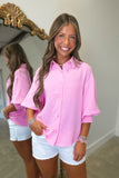 Spring Social Bubble Sleeve Button Down Top Pink