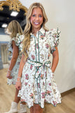 Autumn Floral Flutter Sleeve Dress Ecru