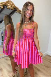 Striped and Smocked Summer Dress Red Pink
