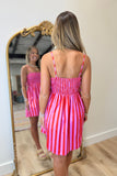 Striped and Smocked Summer Dress Red Pink
