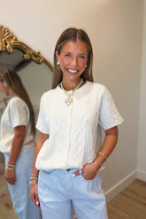 Cable Knit Short Sleeve Cardigan Ivory