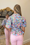 Garden Party Belted Puff Sleeve Top Blue