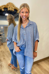 Washed Striped Print Dolman Button Down Shirt Navy