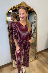 Softies Capri V Neck Lounge Set Cherry Stripe