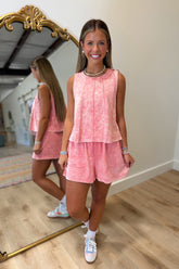 Always Going Acid Washed Short Set Coral