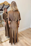 Satin Blouson Maxi Dress Brown