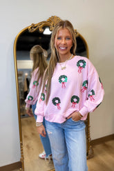 Mary Square Sequin Wreaths Sweatshirt Pink