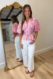 Malibu Embroidered Eyelet Puff Sleeve Peplum Top Pink