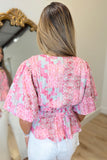 Malibu Embroidered Eyelet Puff Sleeve Peplum Top Pink